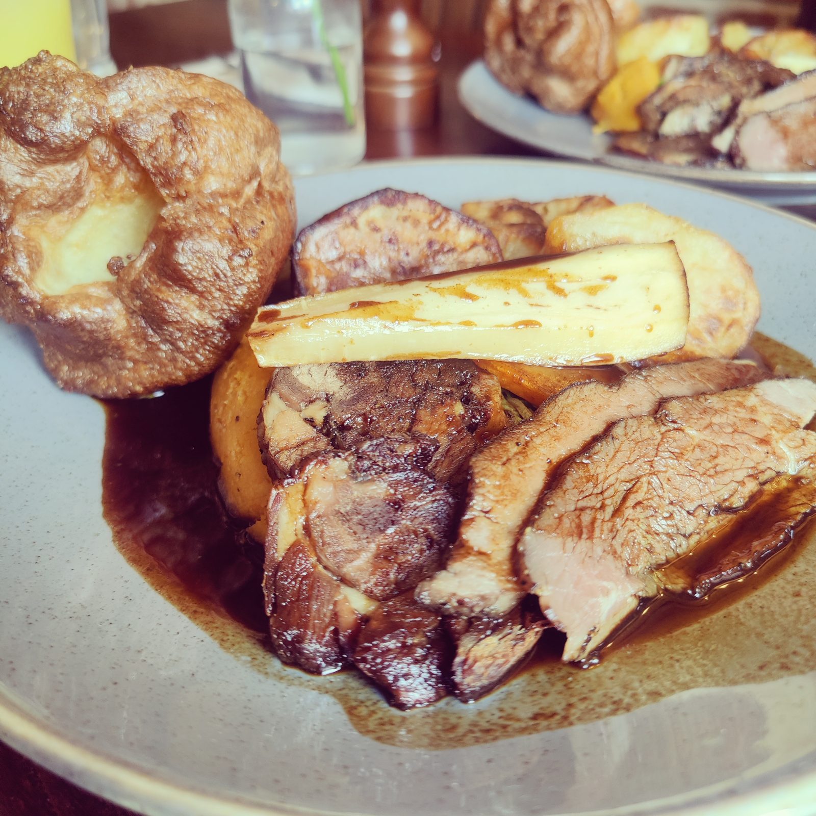 Close-up roast dinner with gravy